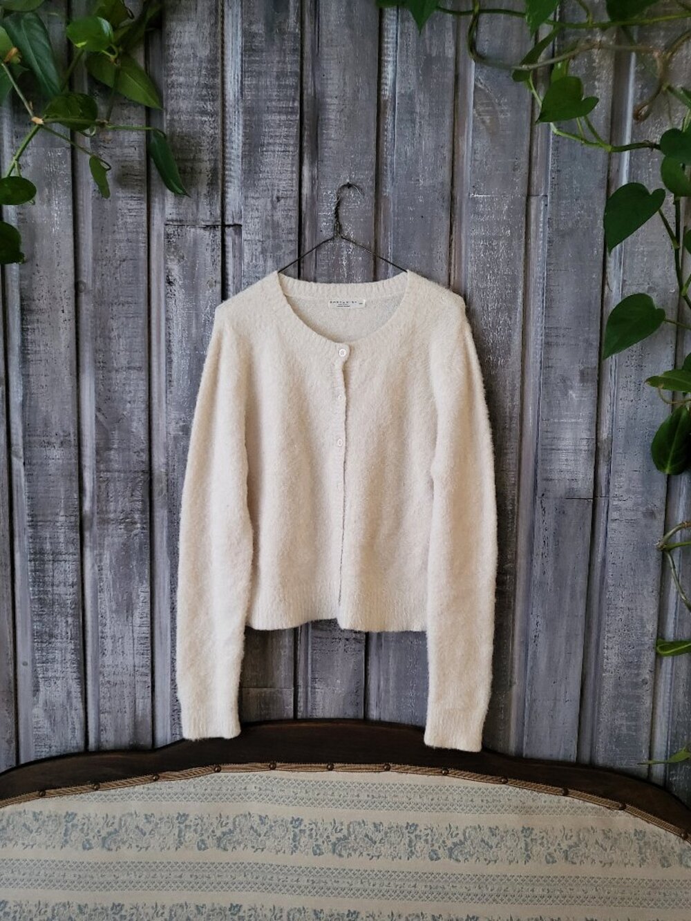 Rose Vine Cream Fuzzy Knit Button Front Cardigan Sweater Super Soft Medium